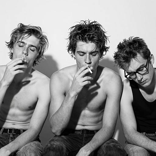 Three Young Men Smoking in Black and White