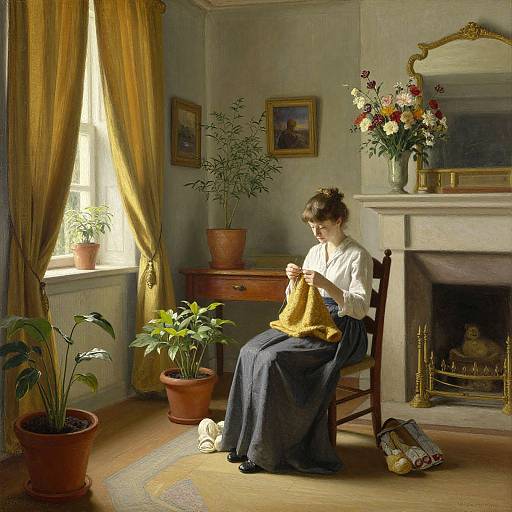 Victorian-era woman with brown hair in white blouse and blue skirt, knitting yellow fabric in sunlit living room, surrounded by potted plants and vintage