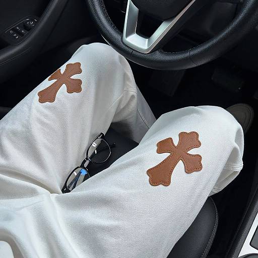 Person Sitting in Car Wearing White Pants with Cross Patches