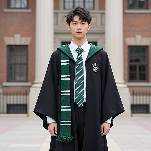 Photograph of an Asian male graduate in black academic gown, green striped tie, and matching green scarf, standing in front of a brick building with large
