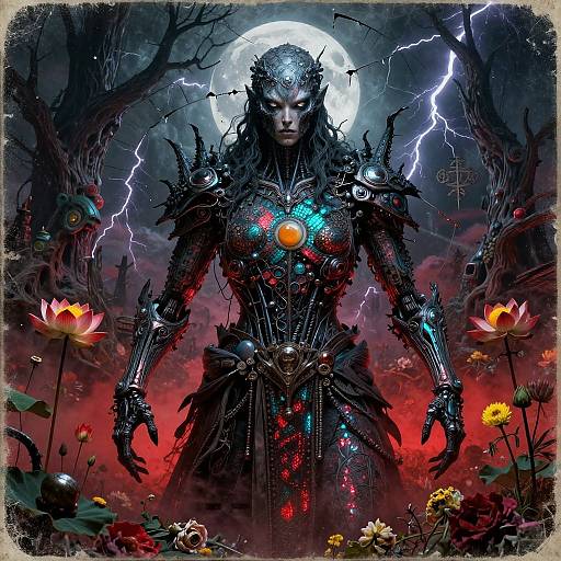 Digital fantasy artwork of a stern, armored female warrior with glowing red and blue accents, standing under a stormy moonlit sky, surrounded by glowing lot