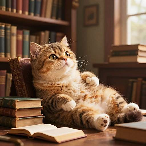Adorable tabby kitten lounging on a stack of books in a sunlit library, gazing upward with curious eyes. Warm, cozy atmosphere.