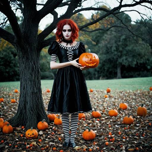 Woman in Tim Burton Style Halloween Costume with Pumpkin