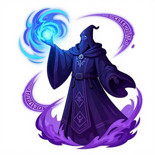 Digital artwork of a hooded, dark-robed wizard with glowing blue magic swirling in his raised hand, surrounded by purple mystical energy.