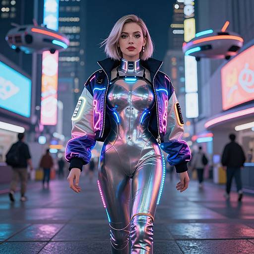 Cyberpunk street scene: Blonde woman in metallic silver bodysuit, neon jacket, and futuristic cityscape with colorful lights and blurred pedestrians.