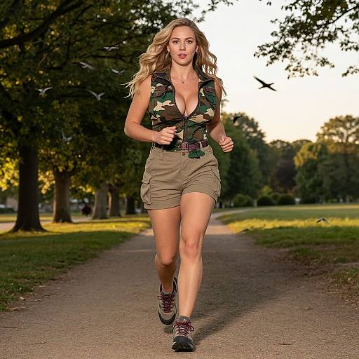 Photograph of a blonde woman with wavy hair, wearing a low-cut camo vest, olive cargo shorts, and purple sneakers, running on a