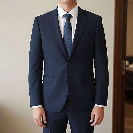 Photograph of a man in a dark navy suit with a white shirt and blue tie, standing against a plain white wall.
