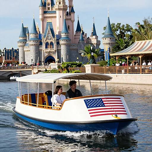 Photograph of a white boat with American flag decal, two men onboard, cruising past Cinderella Castle at Disney World.