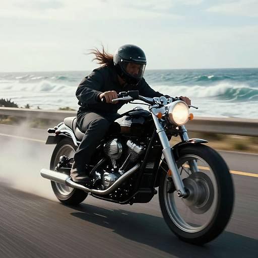 Photograph of a motorcyclist with long hair, wearing a black helmet and jacket, riding a black motorcycle along a coastal road with the ocean and