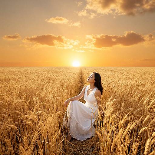 Photograph of a woman in a white dress sitting in a golden wheat field at sunset, looking upward with a serene expression.