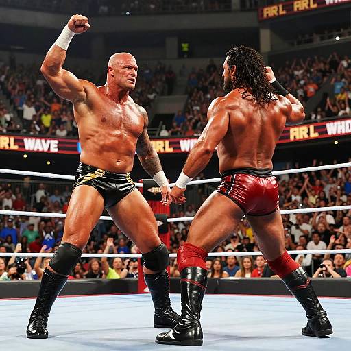 Intense Wrestling Match in Packed Arena