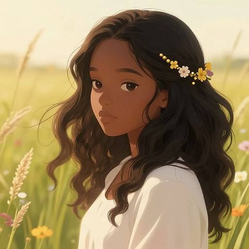 Digital anime-style portrait of a dark-skinned young woman with long, wavy black hair adorned with small white and yellow flowers, standing in a sun