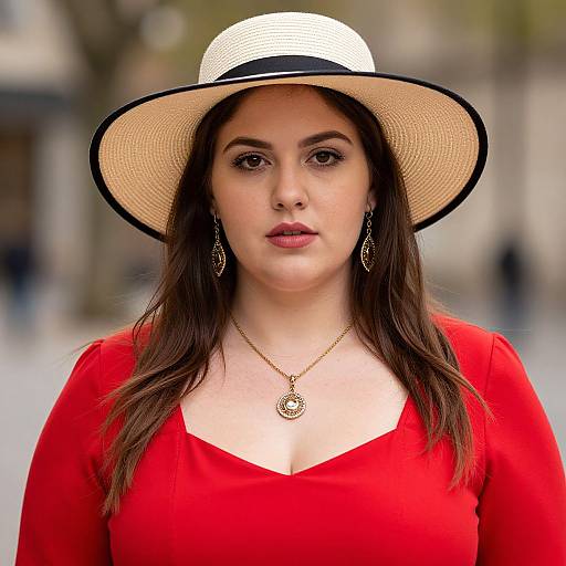 Photograph of a young woman with light skin, brown eyes, wearing a white and black wide-brimmed hat, red dress, gold necklace,