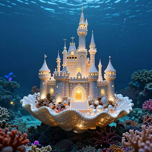 Photograph of a glowing, detailed castle model in a scalloped, white shell bowl, illuminated underwater, surrounded by colorful coral and marine life.