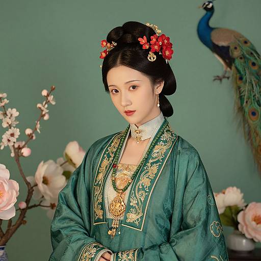 Digital artwork of an Asian woman in elegant green traditional Chinese dress with gold embroidery, red flower hairpiece, and ornate necklace, beside peacock and