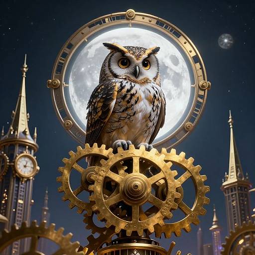 Digital artwork of a detailed, realistic owl perched on golden gears, against a night sky with a full moon and clock towers. Steampunk style
