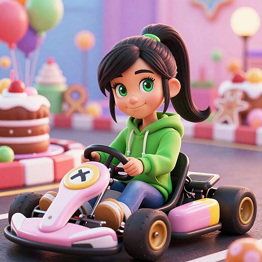 Digital cartoon of a cute, green-eyed, dark-haired girl in a green hoodie driving a pink go-kart in a colorful, festive background.