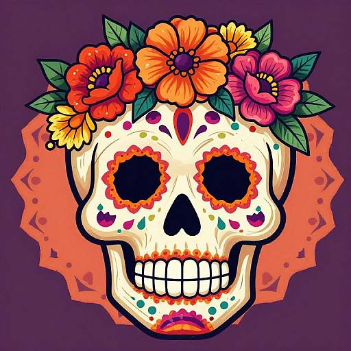 Colorful sugar skull with orange, red, and pink flowers, decorated with floral patterns and dots, against a vibrant purple-orange background. Digital art.