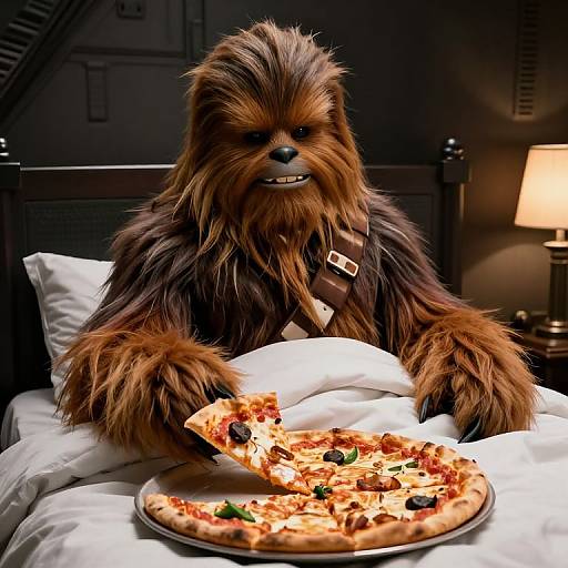 Photorealistic image of Chewbacca, dressed in a brown vest, sitting in a dark room with a lit lamp, eating a pizza with pepper
