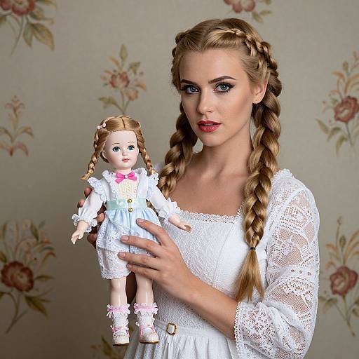 Photograph of a blonde woman with braided hair, wearing a white lace dress, holding a doll in a white dress against a floral-patterned background