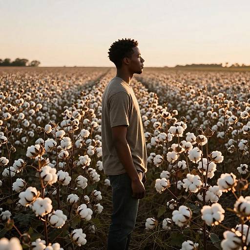 Photograph of a Black man with short, curly hair, wearing a beige t-shirt and blue jeans, standing in a vast, sunlit cotton field