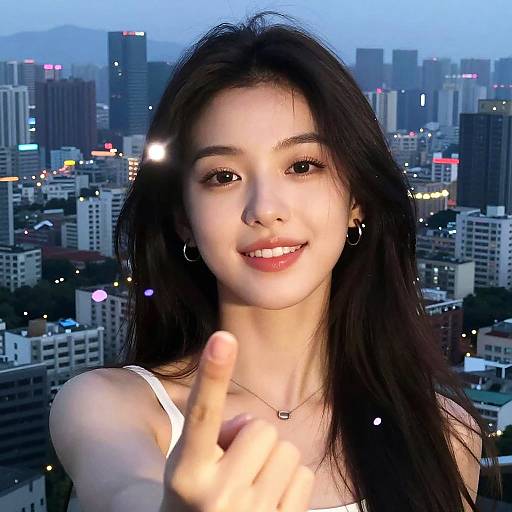 Photograph of a smiling young Asian woman with long black hair, wearing a white top, pointing forward against a cityscape backdrop at dusk.