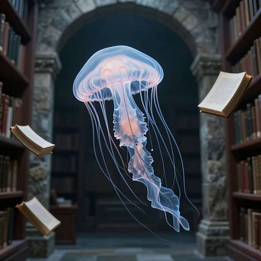 Photograph of a glowing blue jellyfish floating in a dim, stone-arched library, surrounded by floating books and shelves.