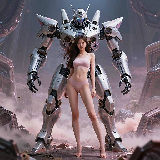 Digital art: A slim, fair-skinned woman with long dark hair in white bikini stands confidently between a towering silver robot, in a futuristic, dusty