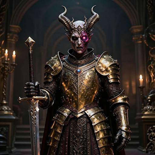 Digital artwork of a demonic warrior with a skull face, glowing purple eye, golden armor, holding a sword, in a dark, gothic cathedral.