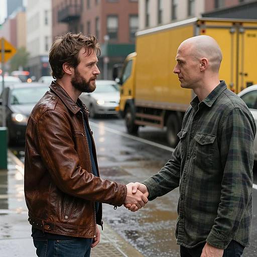 Handshake on a Rainy City Street