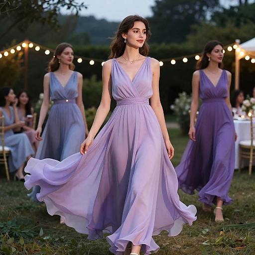Photograph of a model in a flowing lavender gown, standing outdoors at twilight, surrounded by other women in similar dresses, with string lights in the background