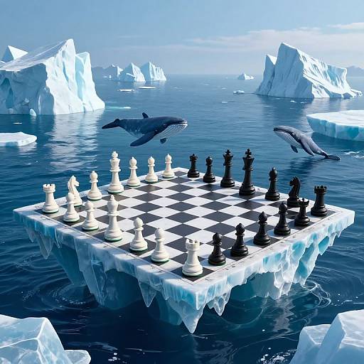 Photorealistic digital art: Iceberg chessboard with black and white pieces floating in icy sea, surrounded by dolphins and icebergs under a blue