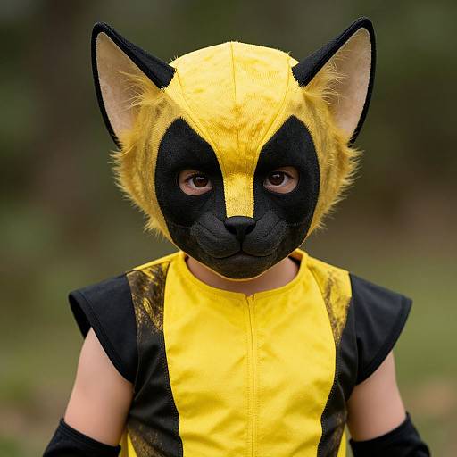 Photograph of a child in a yellow and black feline costume with black face markings, large ears, and a yellow top, standing outdoors with a