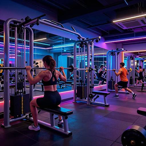 Photograph of a brightly lit gym with neon blue and purple lighting, showing three people working out on various weight machines.