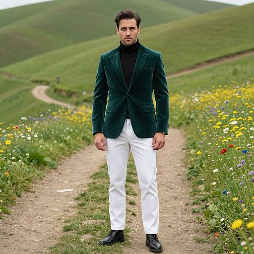 Photograph of a man with short dark hair, wearing a dark green velvet blazer, black turtleneck, white pants, and black shoes,