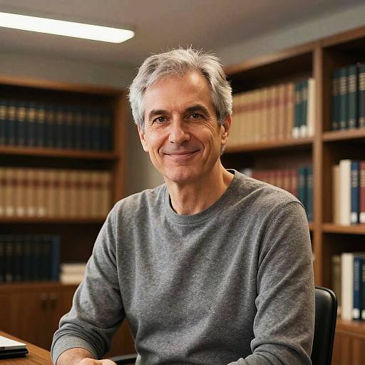 Photograph of a smiling middle-aged man with gray hair, wearing a gray sweater, seated in a library with wooden bookshelves in the background.