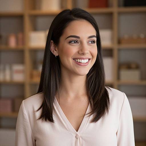 Joyful Woman in Soft Pink Blouse