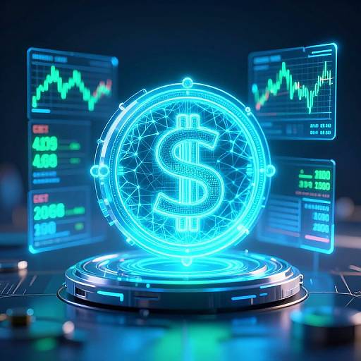 Neon blue dollar sign hologram on a glowing circular platform, surrounded by financial graphs and digital stock market data in a dark, futuristic lab.