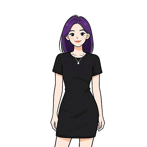 Digital anime-style drawing of a smiling woman with purple hair, wearing a black short-sleeve dress and necklace, against a white background.