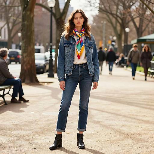 Photograph of a young woman with long brown hair, wearing a denim jacket, colorful scarf, white shirt, cuffed jeans, and black ankle boots