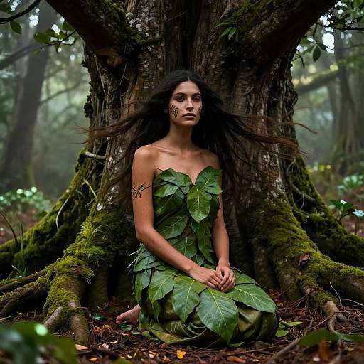Photograph of a young woman with long black hair, wearing a green leaf dress, kneeling against a moss-covered tree in a misty forest, with