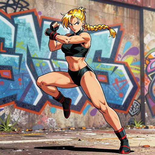 Digital art of muscular blonde woman with braided hair, black sports bra, shorts, and wristbands, fighting pose in vibrant graffiti-strewn urban