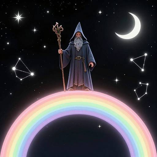 Digital illustration of a wizard with a long white beard, blue hooded robe, and staff, standing on a glowing rainbow, under a starry night