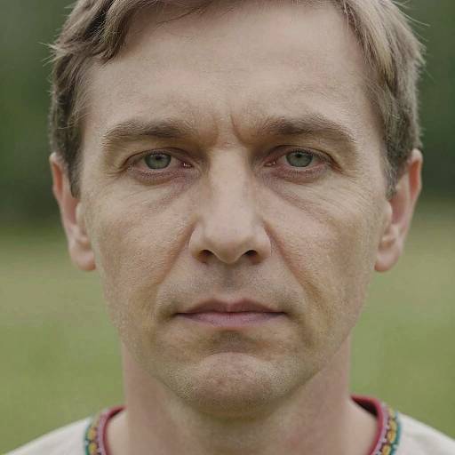 Close-up photograph of a serious, middle-aged Caucasian man with short brown hair, light blue eyes, and slight wrinkles, wearing a white shirt with a