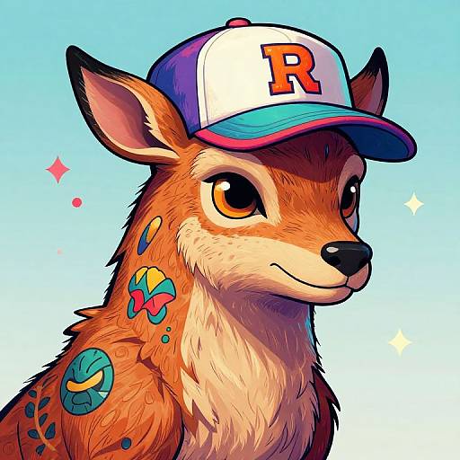 Digital illustration of a cute, orange-brown deer with large eyes, wearing a white and blue cap with a red 