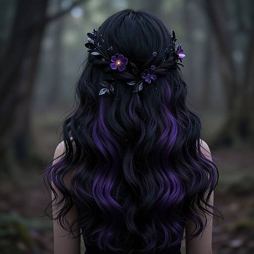 Photograph of a woman with long, wavy black hair with purple highlights, adorned with a floral crown, standing in a misty, dark forest