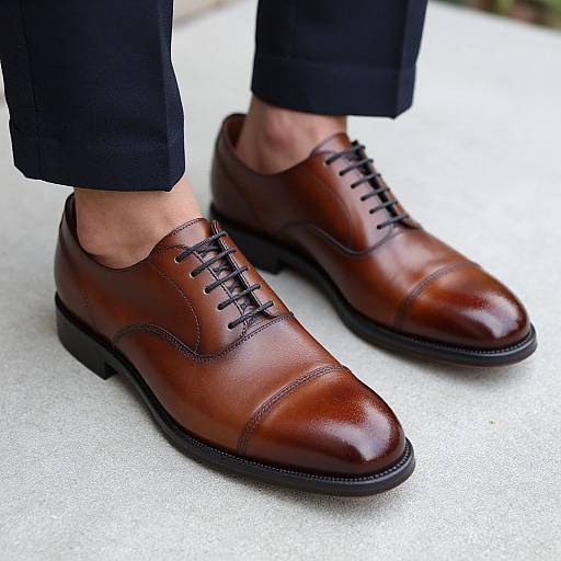 Photograph of a man's feet wearing polished, dark brown leather dress shoes with black laces, and black pants, standing on a white concrete surface