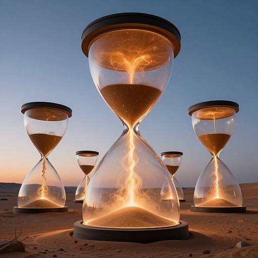 Photograph of illuminated hourglasses in desert at sunset, glowing with internal fire-like light, set against a clear blue sky.