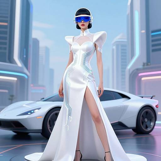CGI image of a futuristic woman in a white, high-neck, thigh-high slit dress, blue visor, standing in a neon-lit city