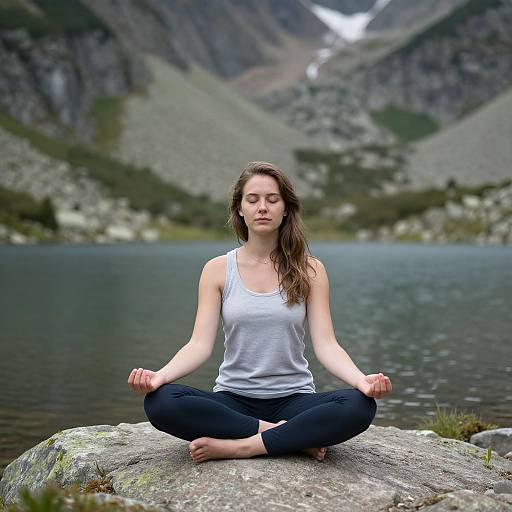 Photograph of a young woman with long brown hair, wearing a white tank top and black pants, meditating cross-legged on a rock by a mountain